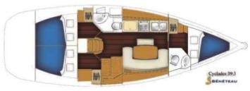 Yachtcharter Benneteau Cyclades 39.3 Grundriss 3 Cab 2 WC