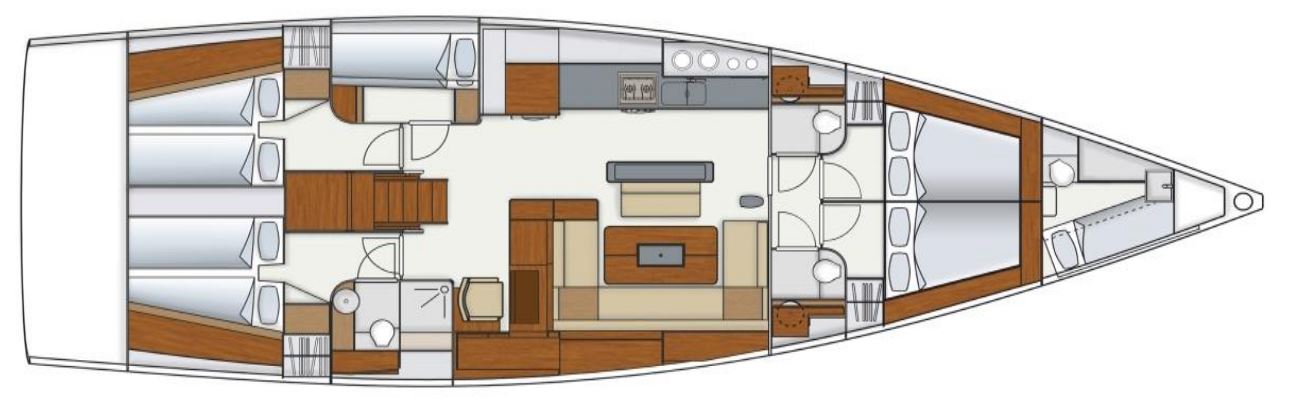 Hanse 575 – Grundriss 5 Kabinen · 3 Bäder