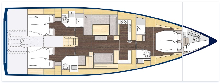 Bavaria C57 – Grundriss 3 Kabinen · 3 Bäder