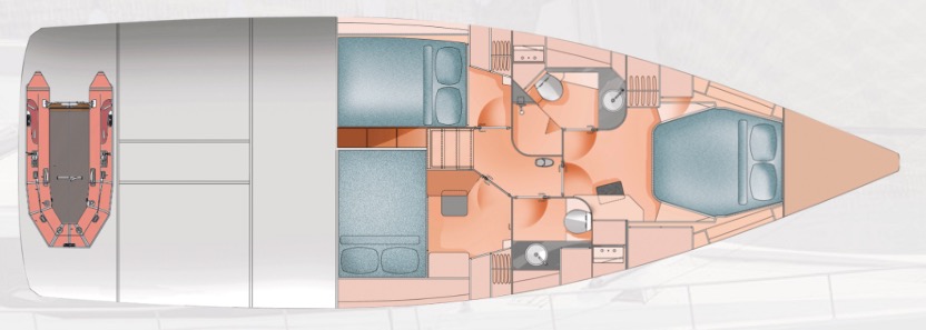 Moody DS 45 – Grundriss 3 Kabinen · 2 Bäder