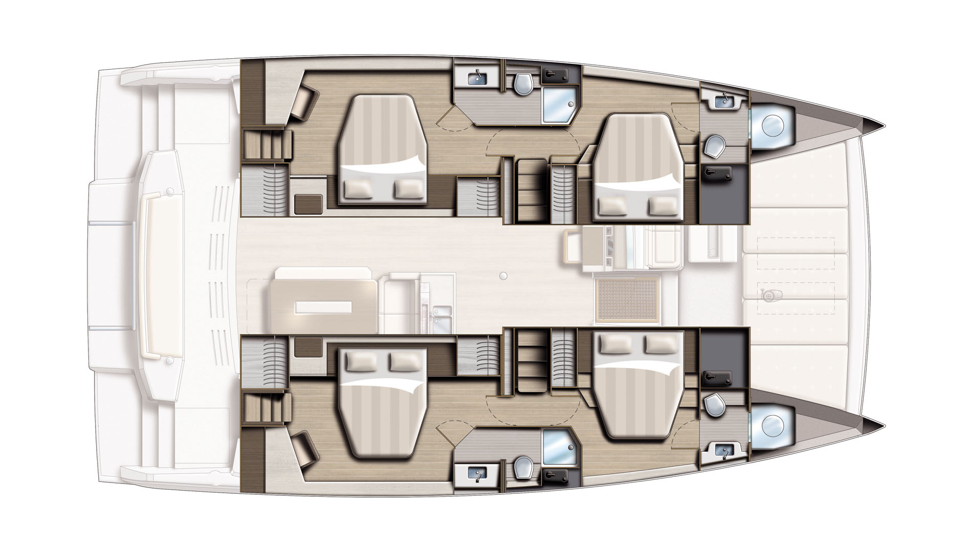 Bali 4.8 – Grundriss 4 Kabinen · 4 Bäder