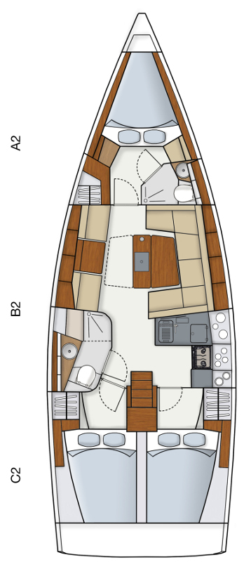 Hanse 415 – Grundriss 3 Kabinen · 2 Bäder