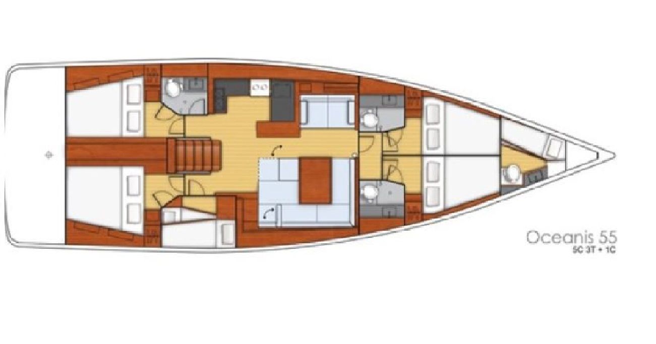 Oceanis 55 – Grundriss 5 Kabinen · 3 Bäder