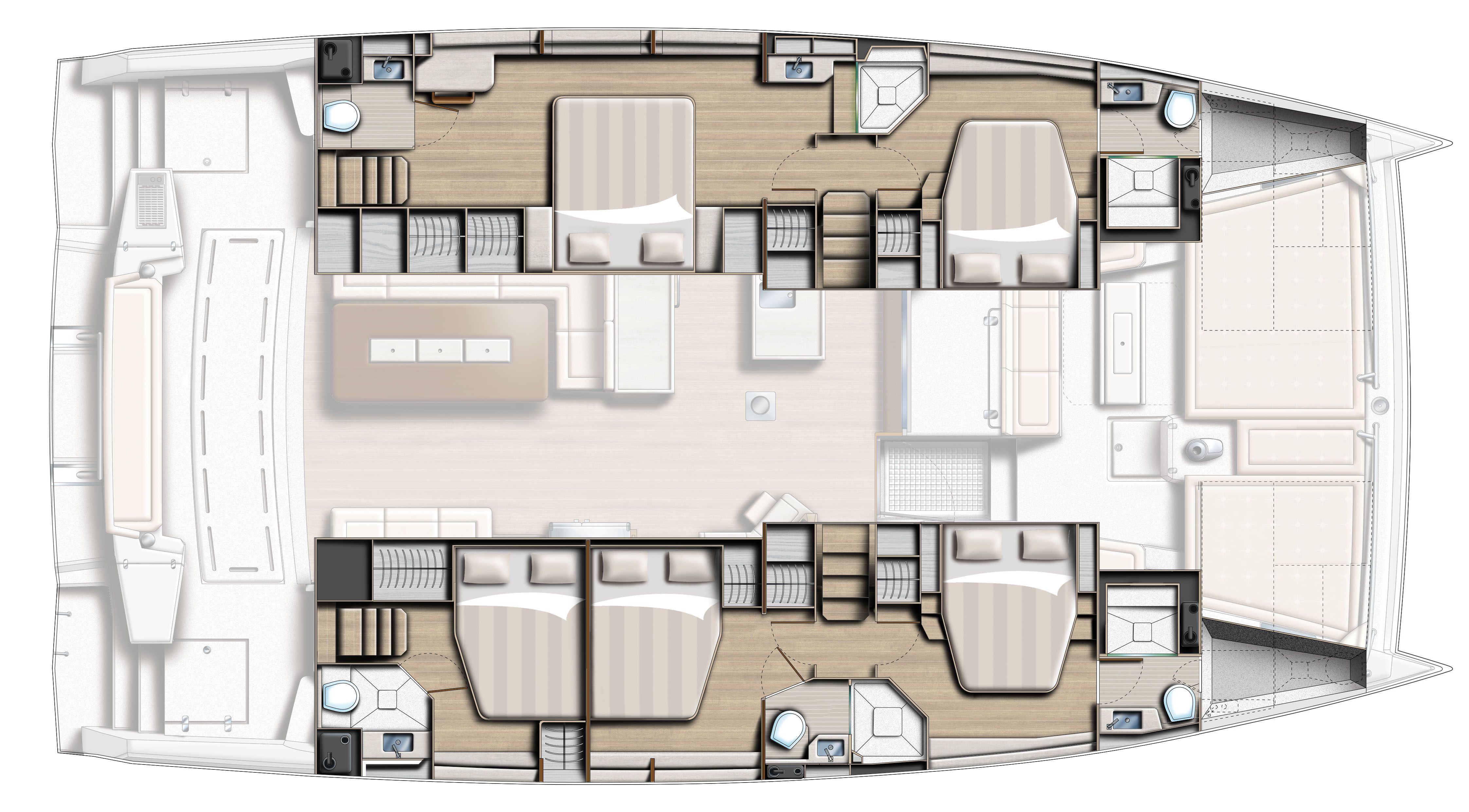 Bali 5.4 – Grundriss 5 Kabinen · 5 Bäder