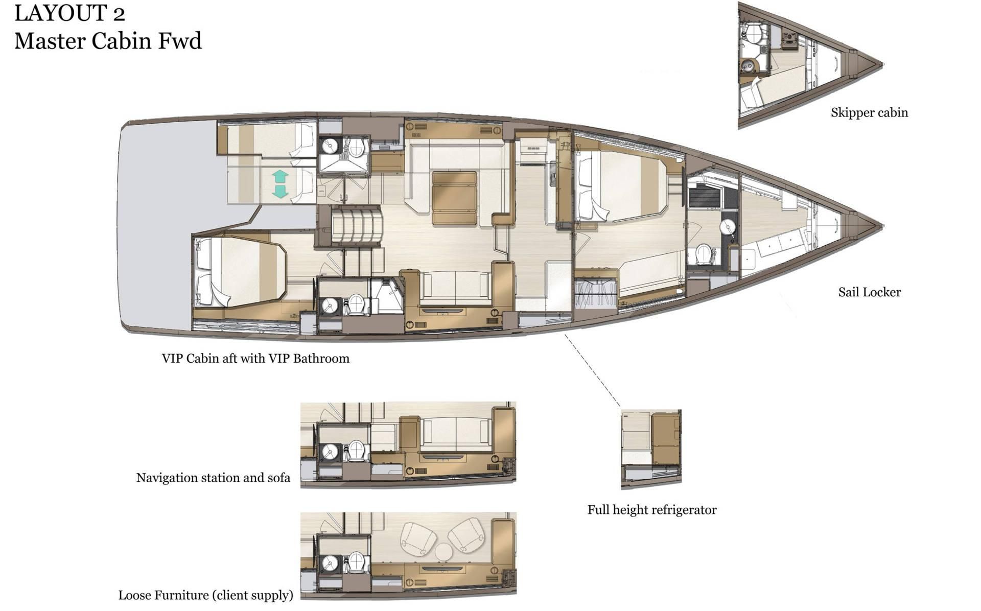 Jeanneau 60 – Grundriss 4 Kabinen · 4 Bäder