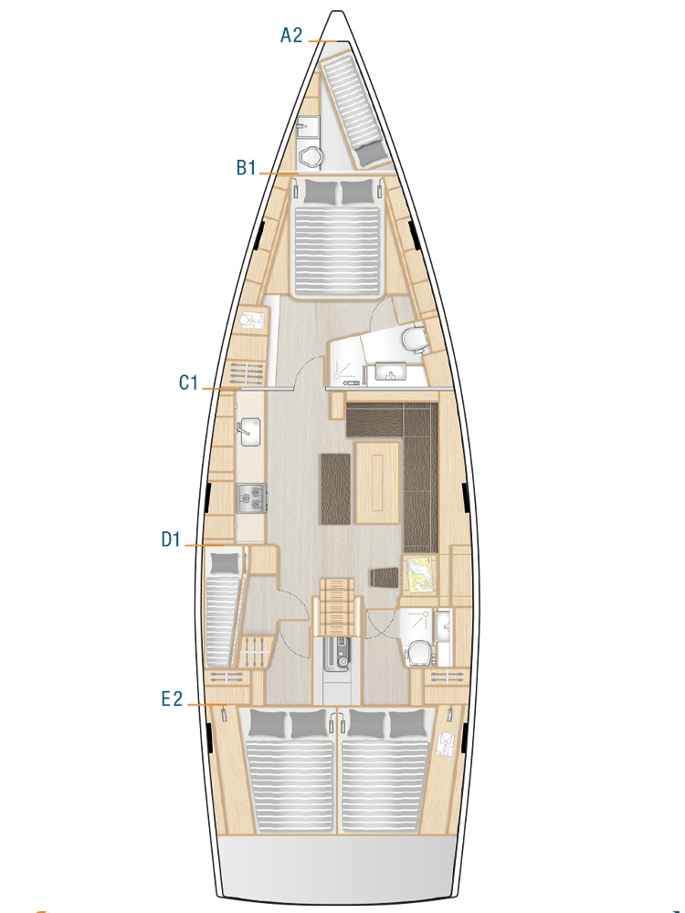 Hanse 508 – Grundriss 4 Kabinen · 3 Bäder