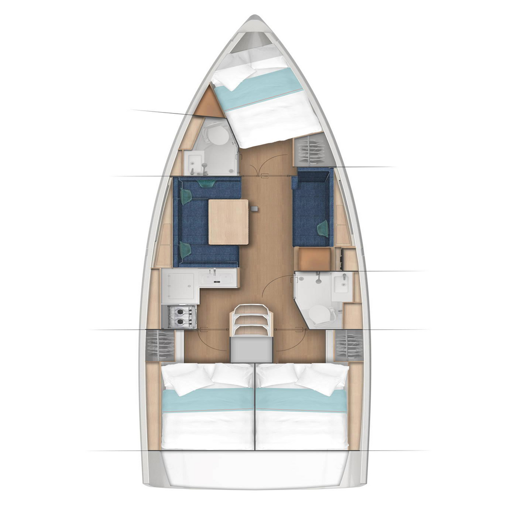 Sun Odyssey 380 – Grundriss 3 Kabinen · 2 Bäder