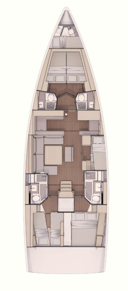 Dufour 530 – Grundriss 5 Kabinen · 4 Bäder