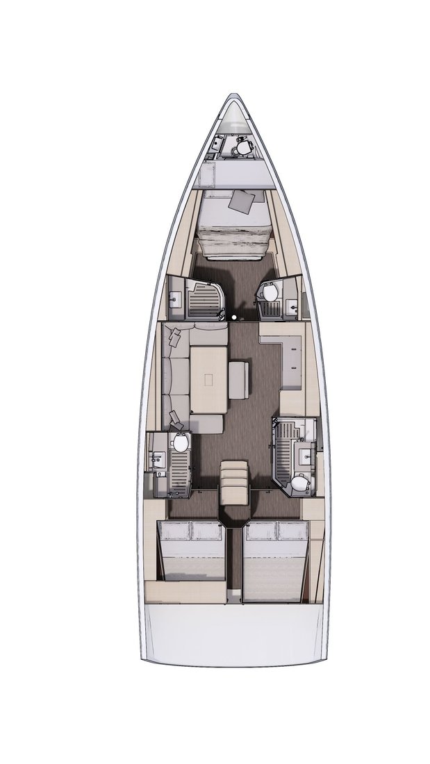Dufour 470 – Grundriss 3 Kabinen · 2 Bäder