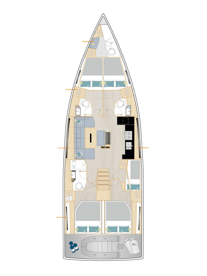Hanse 510 – Grundriss 5 Kabinen · 3 Bäder