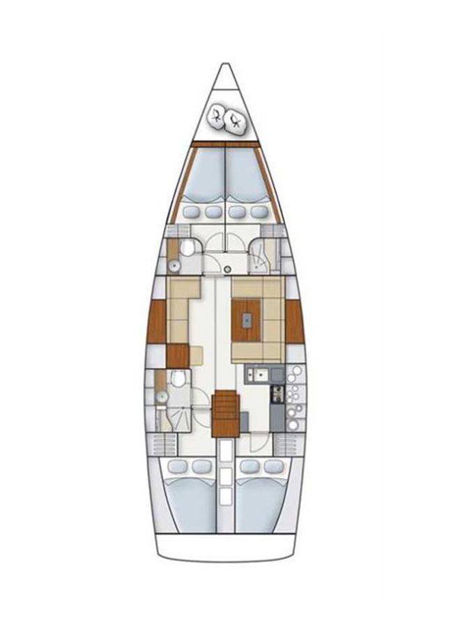 Hanse 445 – Grundriss 4 Kabinen · 2 Bäder