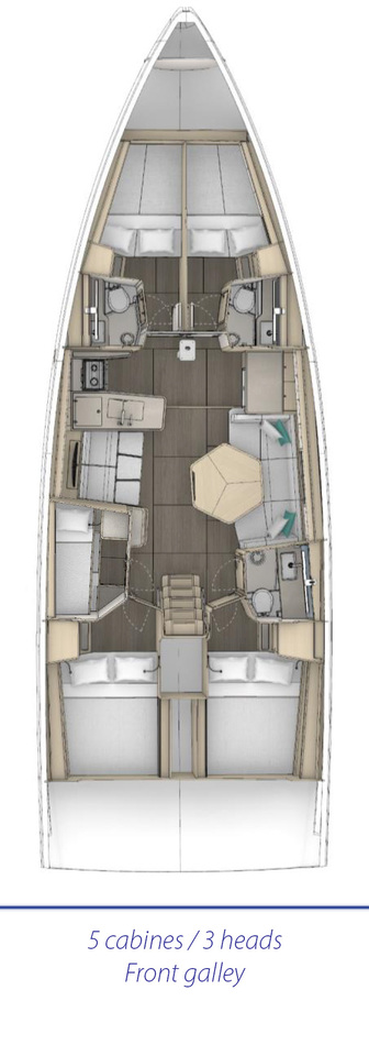 Dufour 48 – Grundriss 5 Kabinen · 3 Bäder