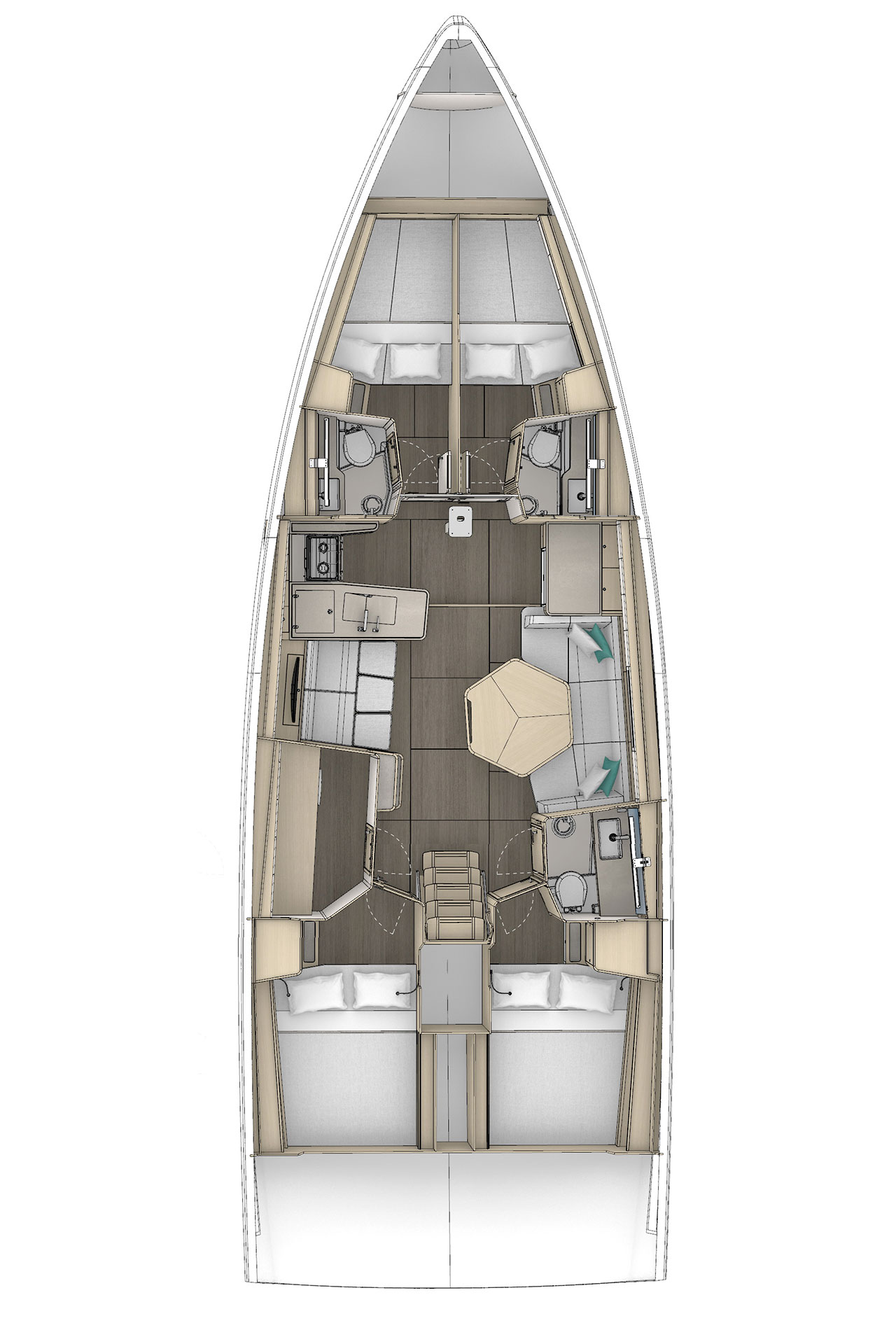 Dufour 48 – Grundriss 4 Kabinen · 3 Bäder