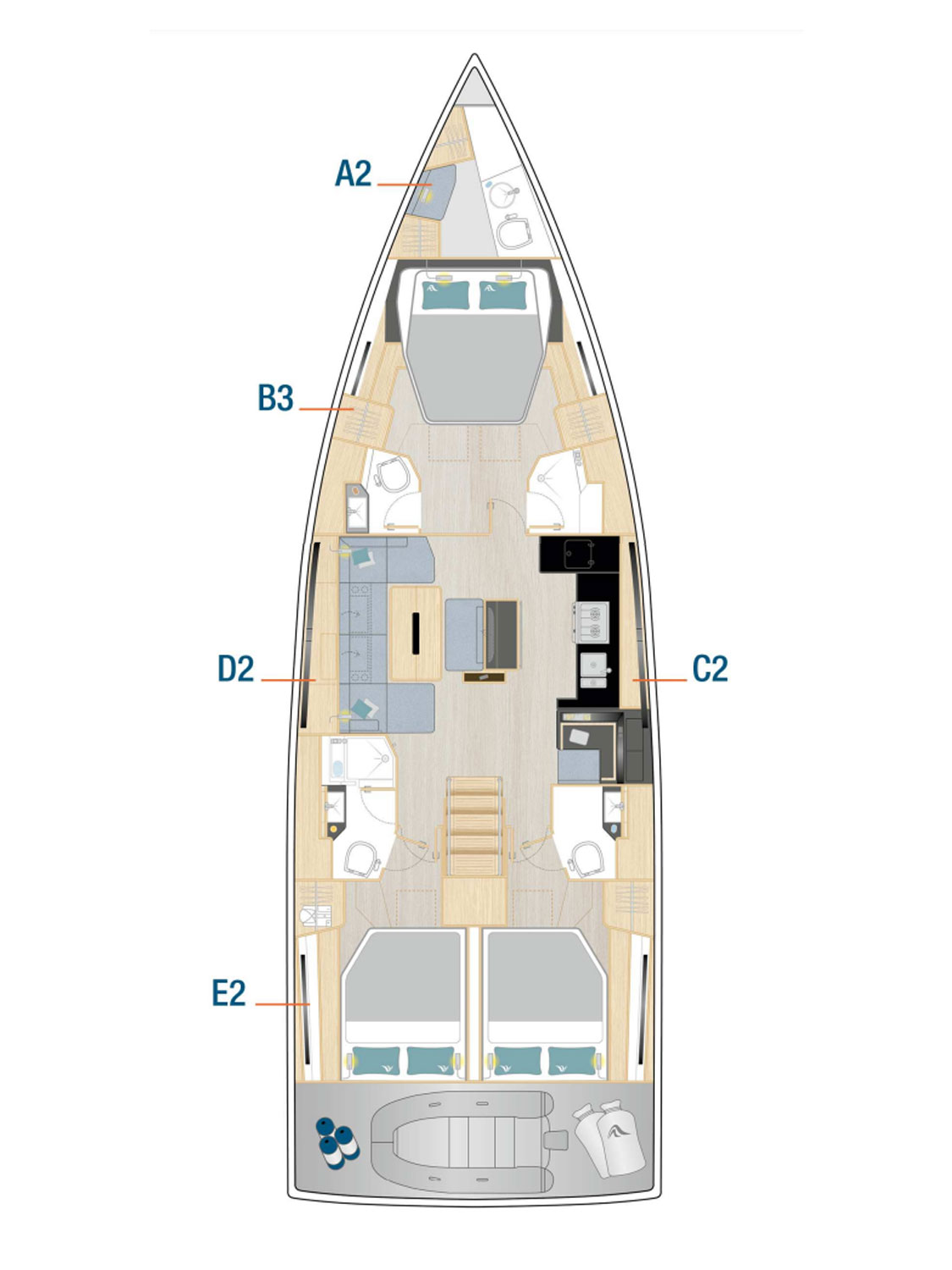Hanse 510 – Grundriss 3 Kabinen · 3 Bäder