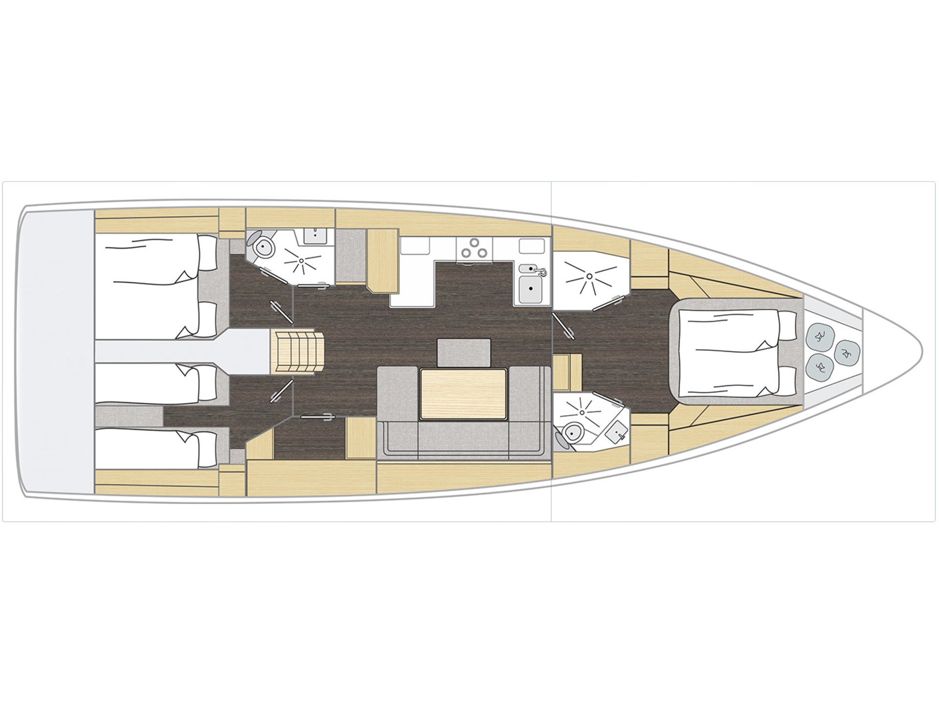 Bavaria C46 – Grundriss 3 Kabinen · 2 Bäder