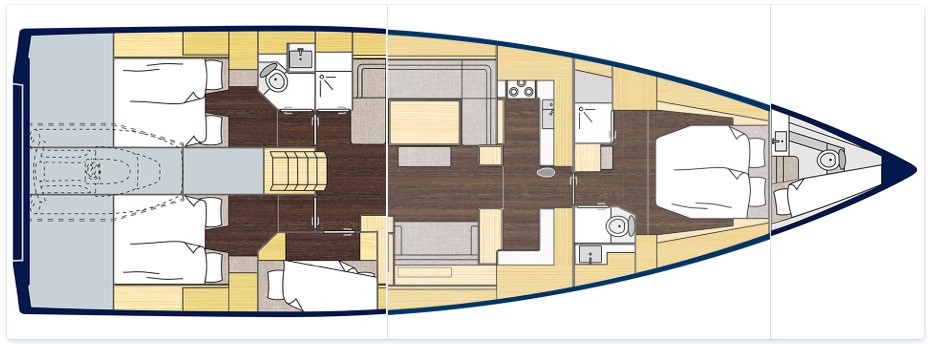 Bavaria C57 – Grundriss 4 Kabinen · 4 Bäder