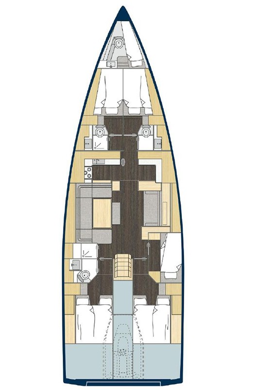 Bavaria C57 – Grundriss 5 Kabinen · 4 Bäder
