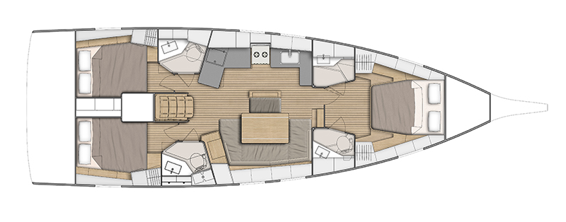 Oceanis 46.1 Performance Line – Grundriss 3 Kabinen · 3 Bäder