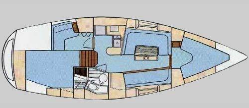 Moody 336 – Grundriss 2 Kabinen · 1 Bad